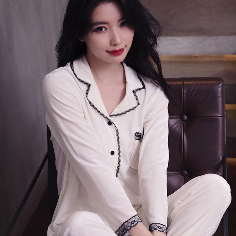 Новый стиль, золотая бархатная пижама для осенне-зимнего женского костюма из двух частей с длинными рукавами