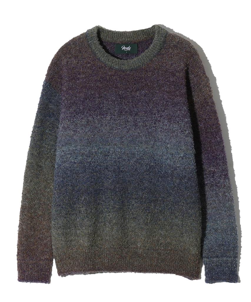 NODU Npn Gradient Boucle Two-Tone Striped Round Neck Long Sleeve Knit [Navy]