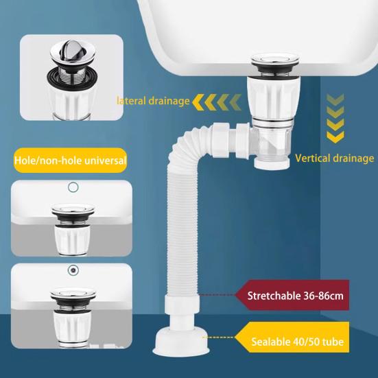 Bathroom Sink Drain Kit with Flexible Expandable P-Trap Leak-Proof Odor Prevention Easy Installation