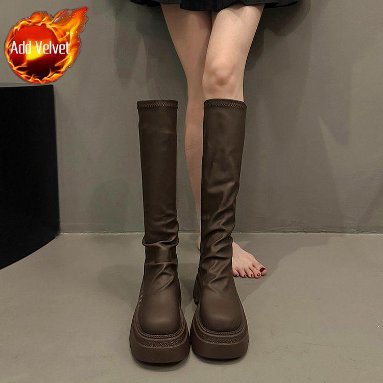 Fashion New In Fleece-Lined Round Toe Knee High Shaft Shoes Woman Fashion 2025 Hot Footwear Pu Cosplay Trend Gothic Long Boots for Women