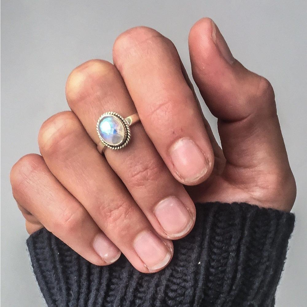 Punk Style Vintage Thai Silver Ring with Synthetic Moonstone 925 Silver Plated Jewelry