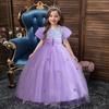 Purple Girls Long Dresses Children's Piano Catwalk Performance Costumes Flower Girl Short Sleeve Princess Tutu Dresses