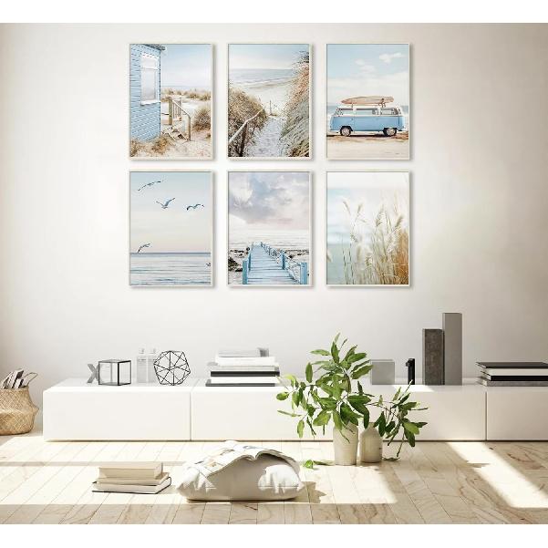 6Pcs Blue Coastal Beach Canvas Wall Art Summer Tropical Ocean Picture Wall Decor Nautical Surfboard Bus Posters Preppy Beach Painting Prints Artwork