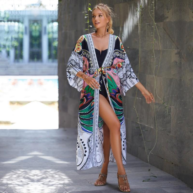 EDOLYNSA Купальник в этническом стиле, накидка в стиле ретро с принтом на шнуровке, женское летнее длинное платье-кимоно, пляжная одежда, накидка на бикини Q1521