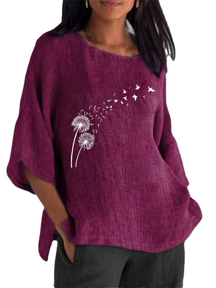 Women Fashion Cotton Linen Blouse Spring&summer Round Neck 3/4 Long Sleeve Shirt Ladies Pullover Loose Tops