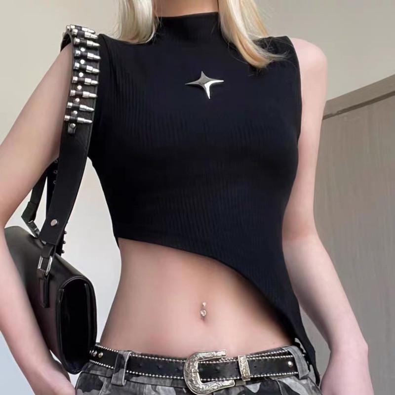 Y2K укороченный вязаный топ e-girl, женский эластичный свитер без рукавов с асимметричным подолом и высоким воротником, жилет, летняя одежда 90-х годов