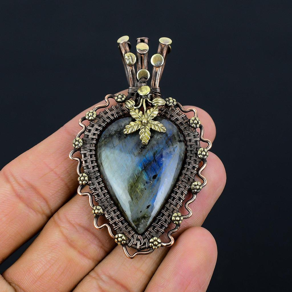 Labradorite Gemstone Copper Wire Wrap Handmade Beautiful Pendant Jewelry Gift For Love