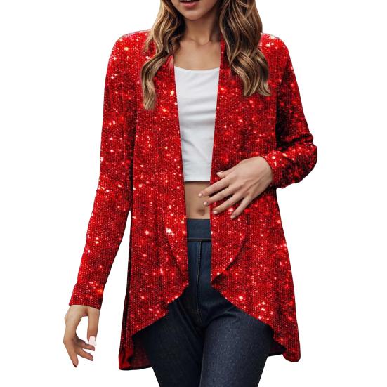 Lady Sequin Coat Open Stitch Cardigan Irregular Hem Long Sleeves Solid Color Formal Business Jacket Office Commuting Outerwear