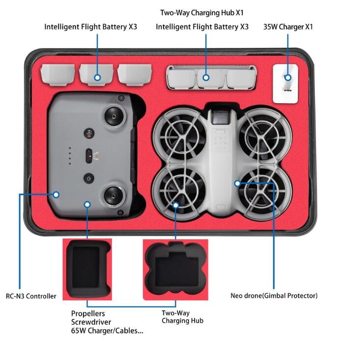 Совместим с чехлом для хранения DJI Neo Fly More Combo. Водонепроницаемый жесткий чехол для переноски. Полностью защитный, пыленепроницаемый, ударопрочный, устойчивый к царапинам.