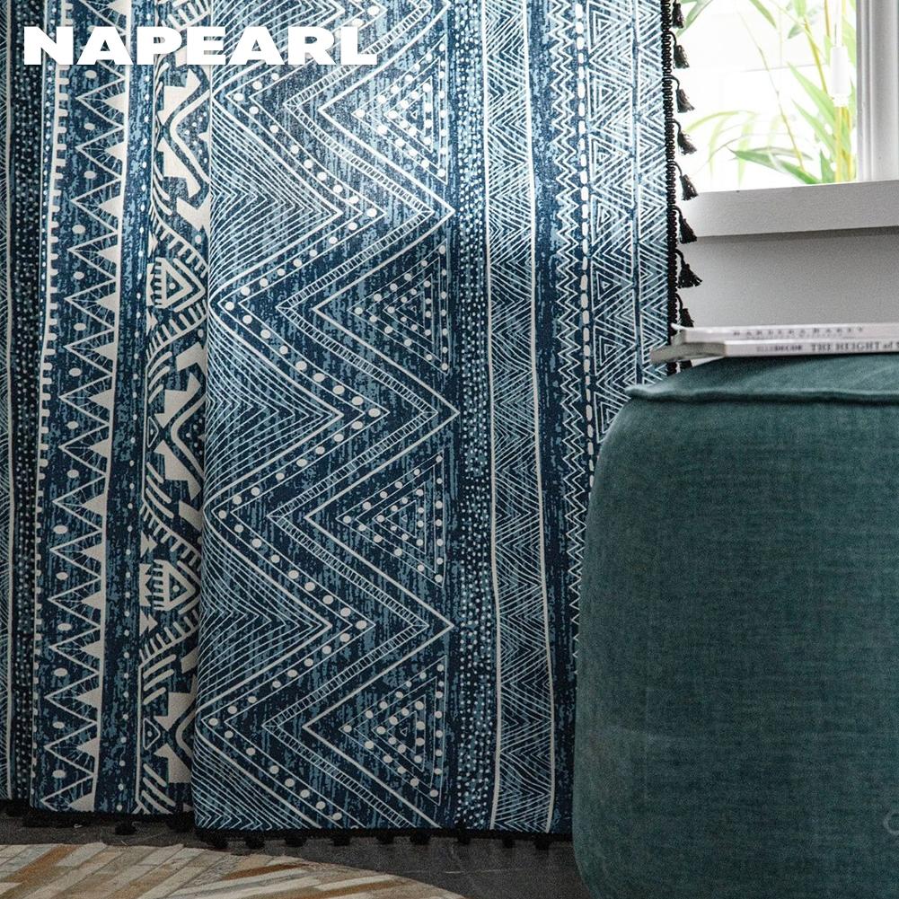1 шт. NAPEARL Bohemian Style Blue Geometric Print Warm с бахромой, полузатемняющие шторы для небольших окон, балкона, домашний декор