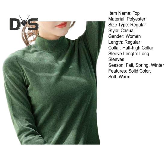 Women Fall Winter Top Half-high Collar Neck Protection Long Sleeve Solid Color Thick Warm Pullover Simple Style Slim Fit Windproof Lady Bottoming