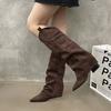 2024 толстый каблук темперамент морщинистые, но с каблуком до колена сапоги женские осенние новые остроносые V-образные ретро сапоги на высоком каблуке