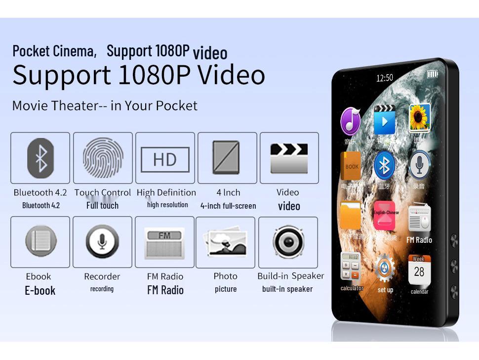 4,0-дюймовый полноэкранный Bluetooth MP3/MP4 музыкальный плеер, без потерь, студенческая версия