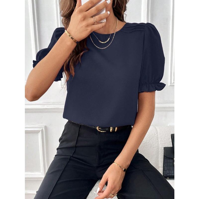 Женские модные повседневные летние весенние однотонные блузки и рубашки с короткими рукавами и круглым вырезом с принтом