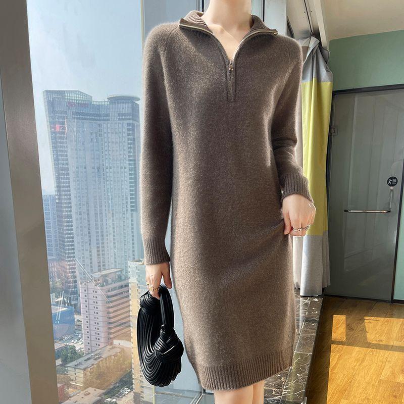 Simple Long Sweater Autumn and Winter Knitted Dress for Women Long Knee-length Zipper Sweater Dress Loose