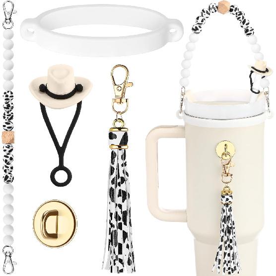 Skylety 5 Pcs Cowboy Hat Silicone Cup Accessory Set Compatible with Stanley Cups Includes Cow Hat Straw Cover Beaded Bottle Strap Leather Tassel