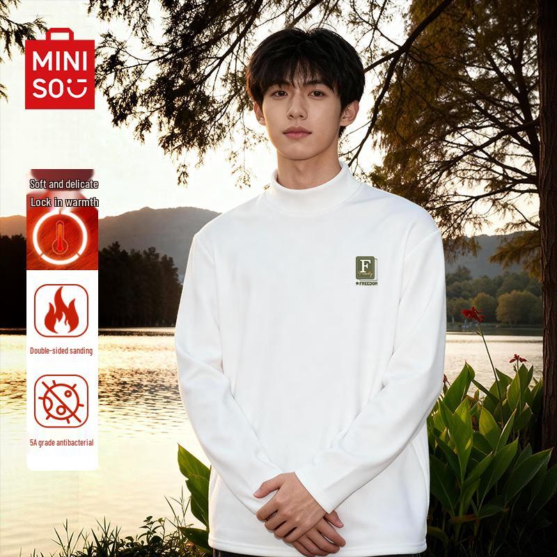 MINISO Мужская футболка с длинным рукавом и воротником-стойкой, на флисовой подкладке