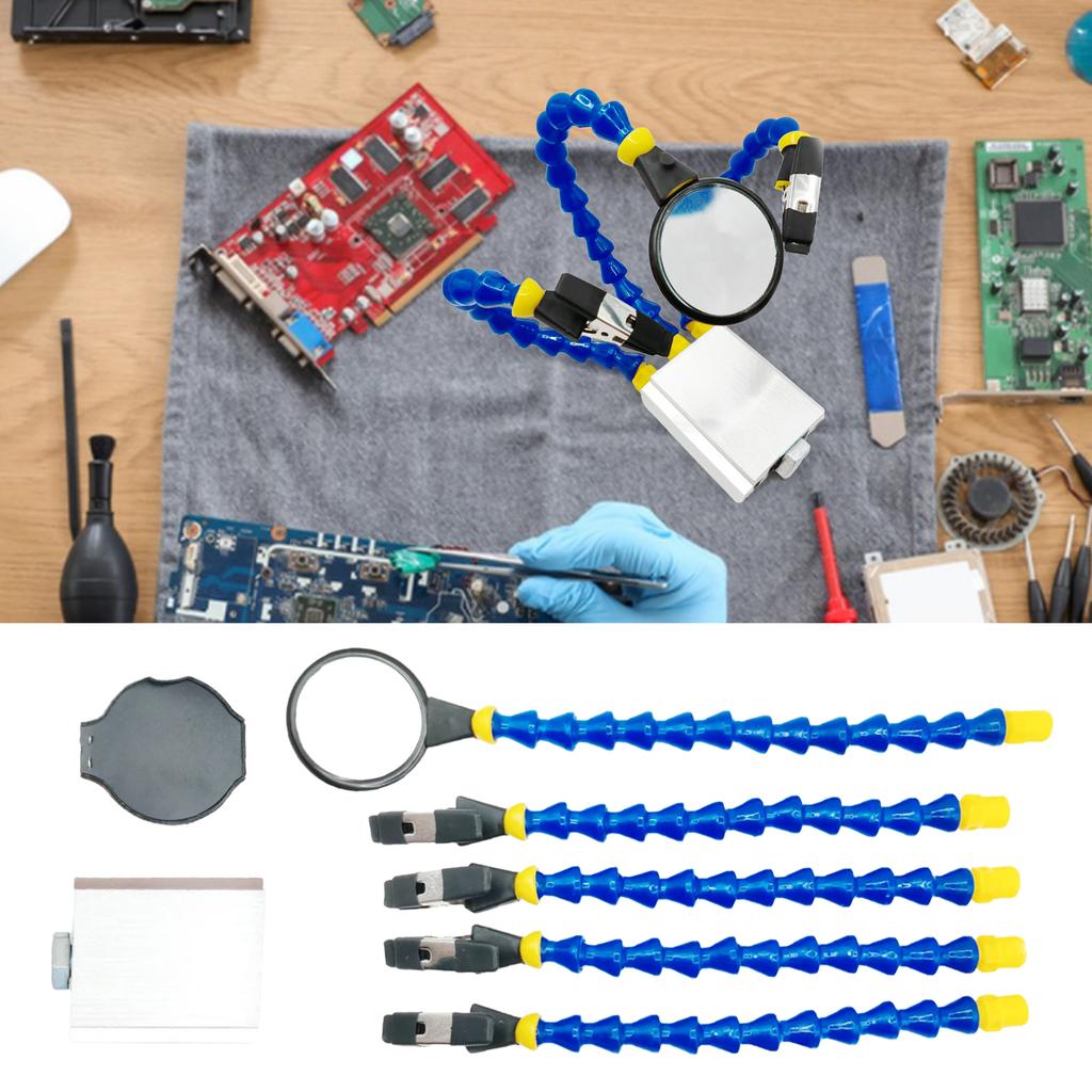 Держатель для пайки печатных плат с 5-кратной лупой и основанием Многофункциональный инструмент для верстака Гибкие рычаги Инструмент для пайки для пайки/ремонта