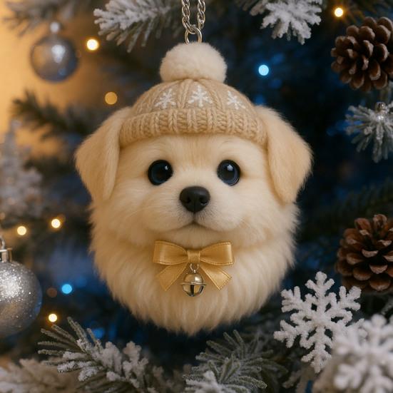 Pom-Pom Pet Ornament 2D Acrylic Cute Dog Christmas Ornament Cartoon Furry Pet Shaped Xmas Tree Hanging Decor for Holiday Party Supplies