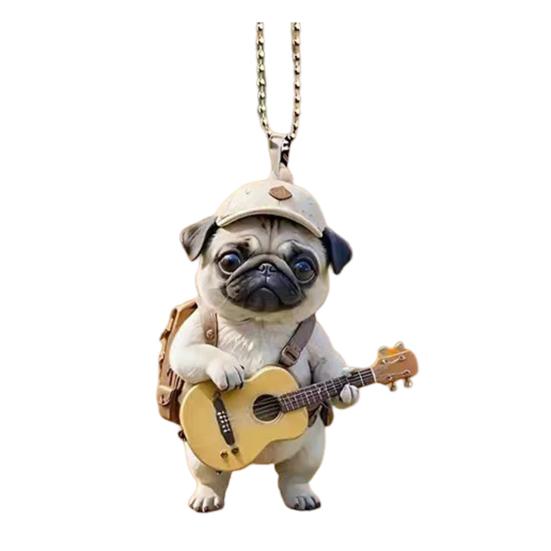 Guitar Dog Acrylic Hanging Decoration Home Indoor Christmas Tree Car Rearview Mirror 2D Flat Pug