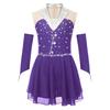 Girls Sparkling Skating Dress Sleeveless Patchwork One Piece with Fingerless Gloves Built In Briefs Performance Costume