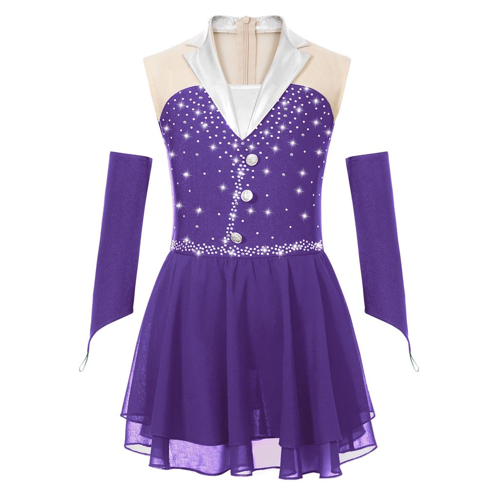 Girls Sparkling Skating Dress Sleeveless Patchwork One Piece with Fingerless Gloves Built In Briefs Performance Costume