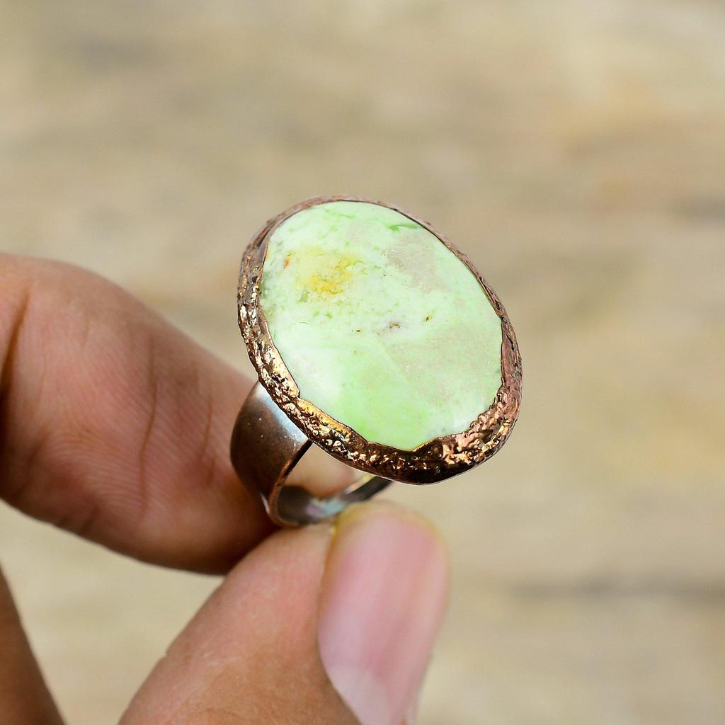 Кольцо с лимонным хризопразом, электроформованное медное кольцо, регулируемые кольца, электроформованные ювелирные изделия, кольцо с драгоценным камнем ручной работы, медные ювелирные изделия, подарок для женщин