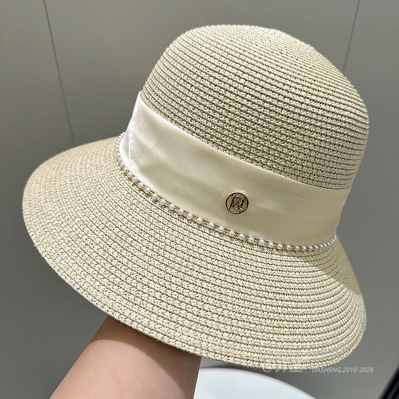 Straw Hat Elegant Women's M Standard Pearl Bowler Hat Light Bucket Hat Wide Brim Sunshade Straw Hat