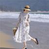 Woman Summer Balloon Sleeves Casual Loose A-Line Dress Solid Color Embroidery O-Neck Dress