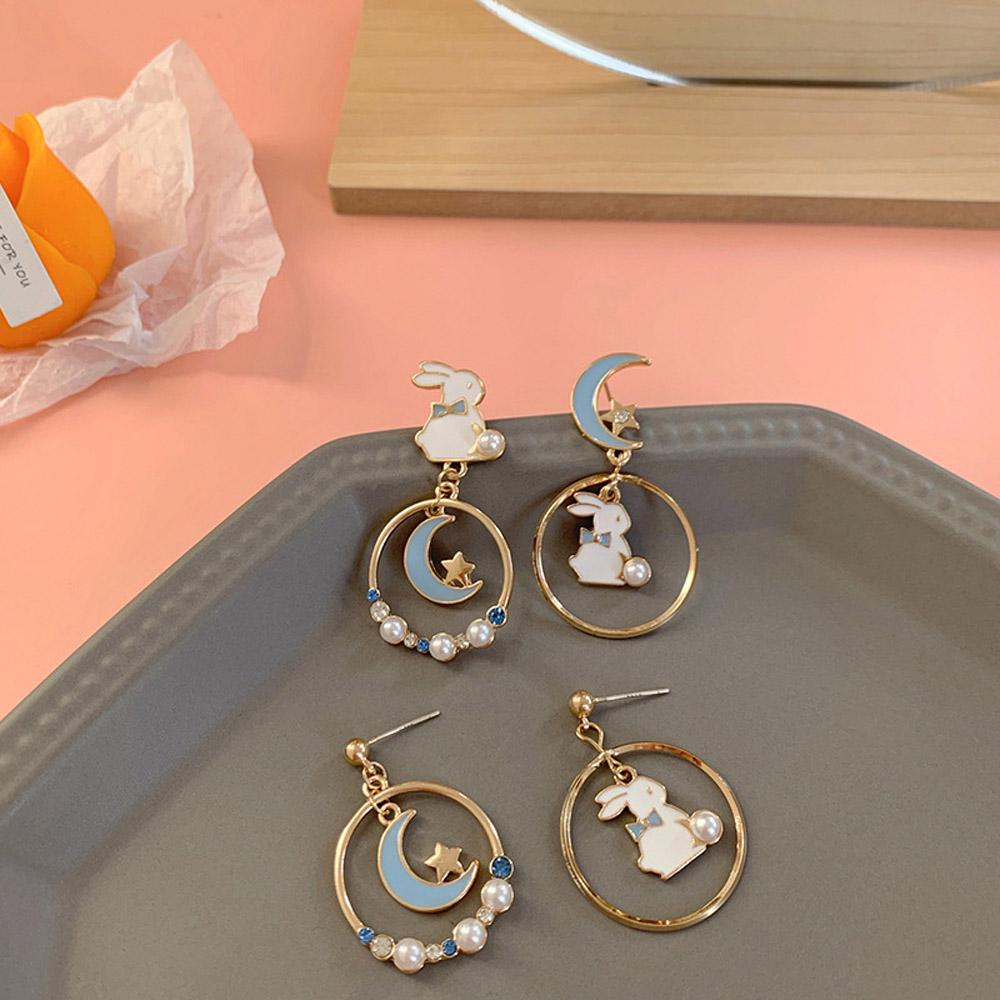 Sweet Cute Korean Moon Pink Anti Allergy Enamel Rabbit Drop Earrings Asymmetric Earrings