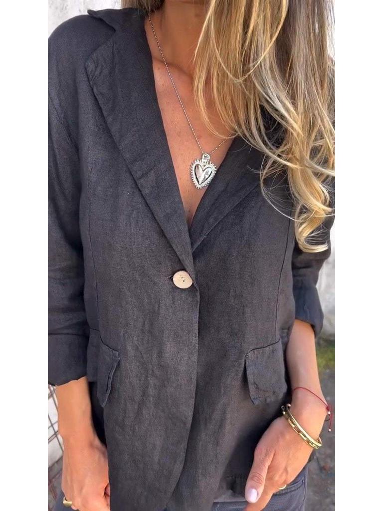 2024 Ранняя осень Женский большой размер Свободный пиджак из хлопка и льна с лацканами с вырезом и пуговицами