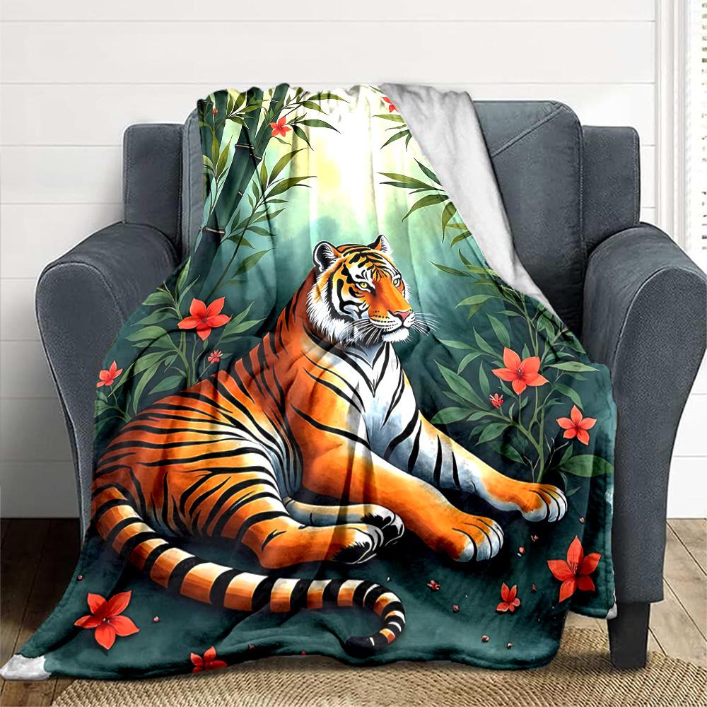 1pc Bamboo Forest Tiger Blanket - Lightweight Flannel Fleece with Digital Printing, Soft Warm for Sofa, Travel, Camping, Office yy251018316