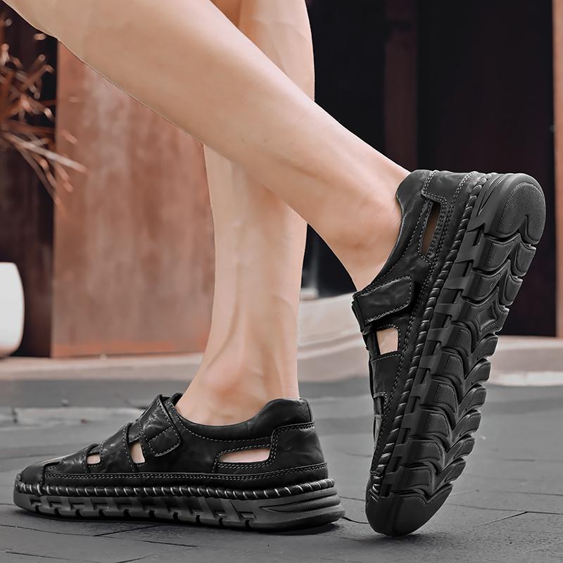 Mens Sport Sandals Breathable Outdoor Fisherman Shoes Adjustable Closed Toe Summer Leather Loafters