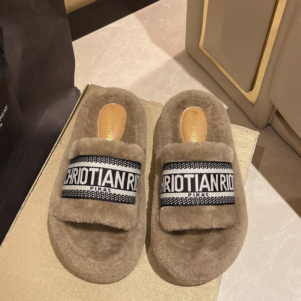 Fashion Female Slippers Large Size Women Plush Open Toe Flat Furry Slippers Fashion Flat Cotton Shoe Non Slip Warm Slippers Women Winter