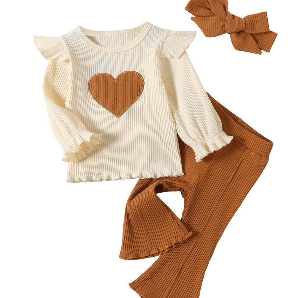 Girls Spring Autumn Suit Heart-shaped Printed Pit Strip Long-sleeved Sweatshirt and Trousers 3-piece Set