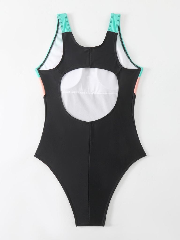 New Competitive Sport-Style Color Blocked One-Piece Swimsuit