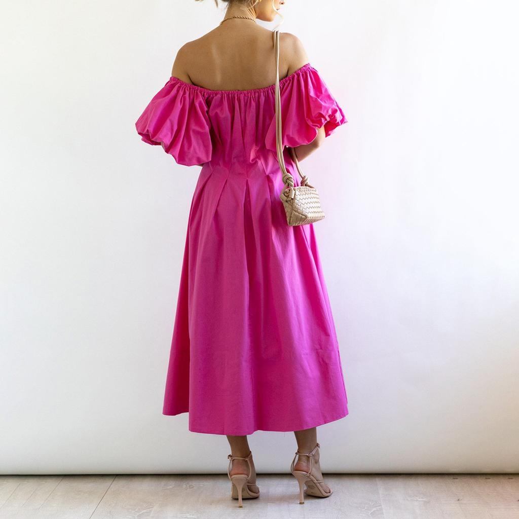 Women's Fashionable Solid Color One Line Neckline Bubble Short-Sleeved Temperament Pleated High Waisted Dress