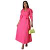 Spring Summer Women's Long Sleeve Polo Neck High Waist Fashion Casual Pleated Dress
