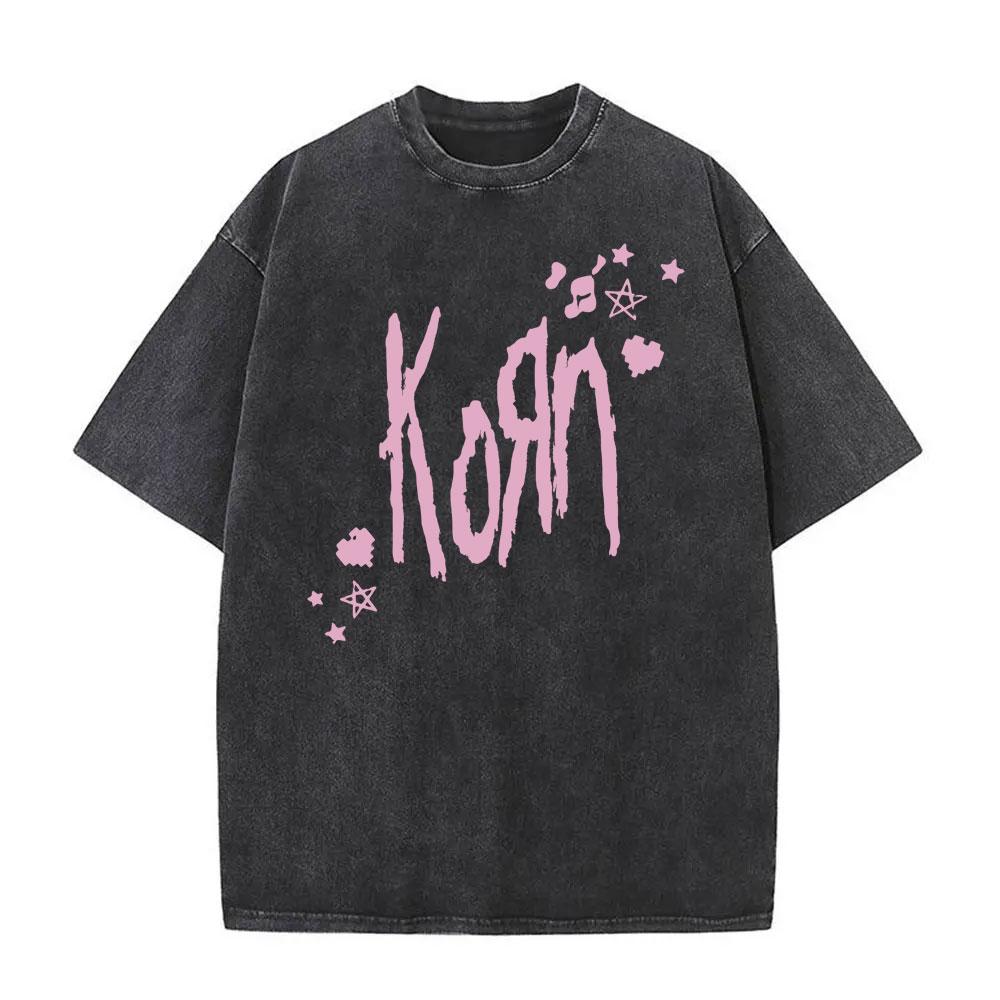 Washed Vintage Rock Band Korn Graphic Print T-shirt Male Metal Music Oversized T-shirts Men Women Kawaii Cute Pink T Shirt