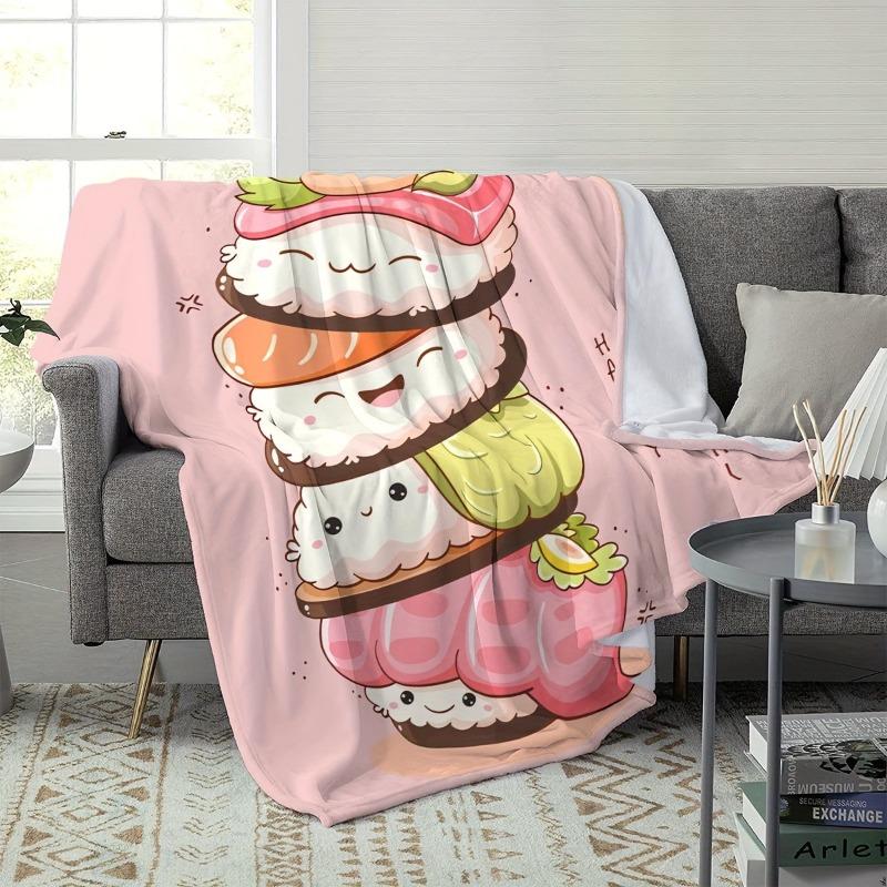 Happy Sushi Asian Influence Flannel printed blanket suitable for all seasons suitable for living room office sofa and travel