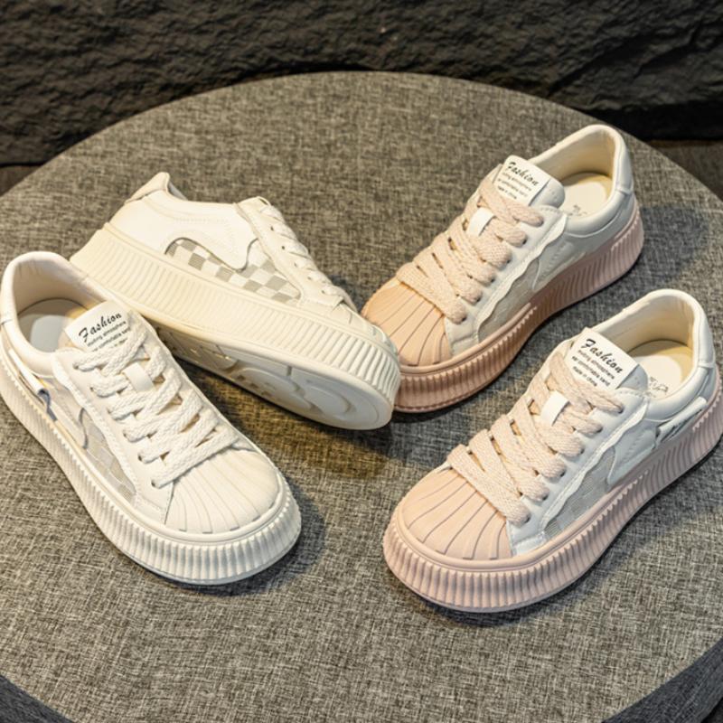 Белые туфли с мыском-ракушкой для женщин весна и лето дышащие и удобные повседневные туфли на толстой подошве с увеличением роста кроссовки на шнуровке