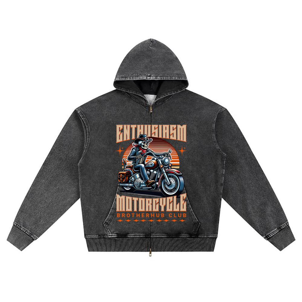 DTG Print Knitted Denim Zip-Up Hoodie Streetwear Motorcycle Brother Print Zipper Hoodies