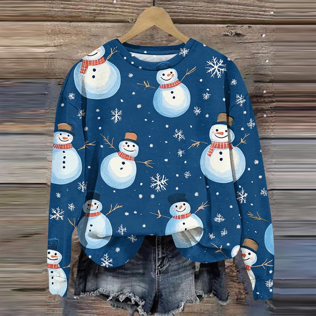 Женская мода круглый вырез пуловер длинный рукав футболка рождественский принт топ