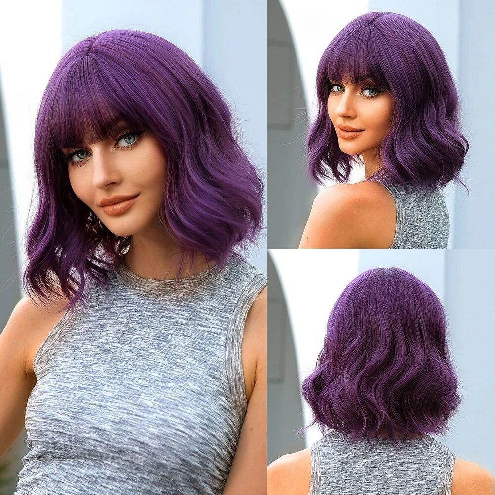 Purple Pink Ombre Black Short Straight Synthetic Wigs with Bangs Bob Wig for Women Daily Cosplay Party Heat Resistant Fake Hairs