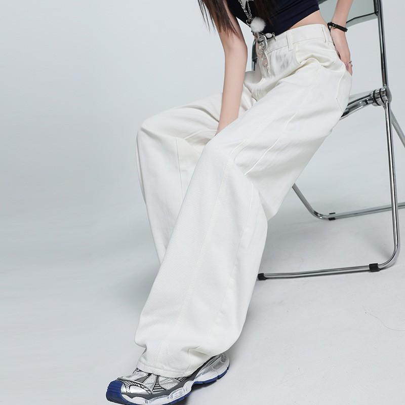 Womens High-Waisted White Denim Straight Leg Pants 2025 Casual Loose Fit Wide Jeans