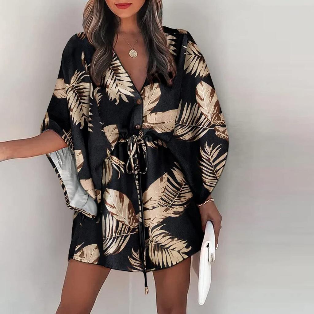 Женское летнее праздничное платье с рукавами 3/4 и V-образным вырезом в стиле бохо, пляжное платье с завязками на шнуровке