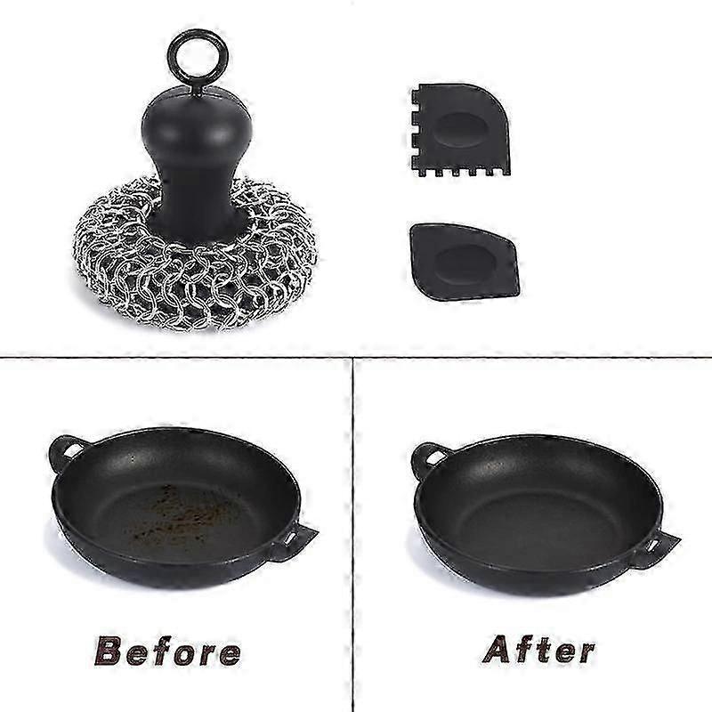 Cast Iron Chainmail Scrubber + Pan Scraper, Stainless Steel Skillet Cleaner, Scraper Tool for Cast