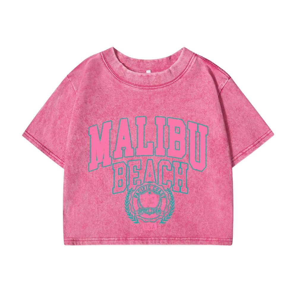 Womans Cotton Crop Tees Trend O-Neck Distressed Washed T-Shirts Malibu Beach Simple Letter Printing Tops Clothes