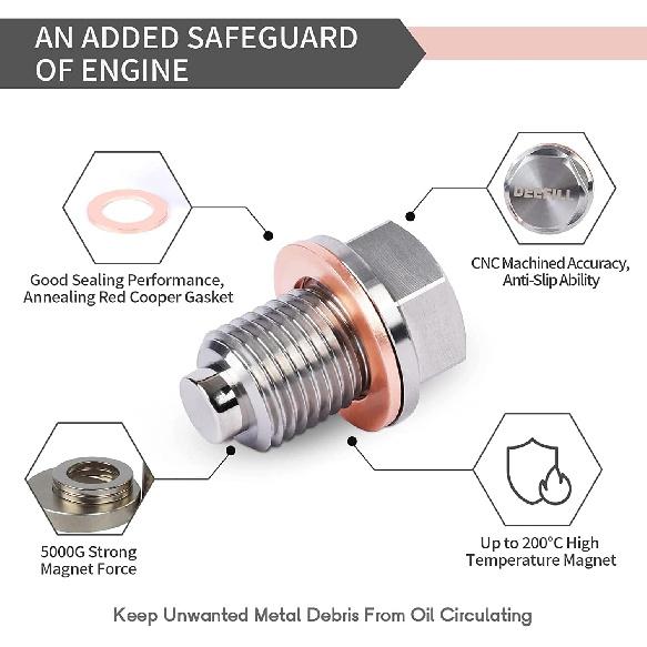 M14 x 1.5 Magnetic Oil Drain Plug, Stainless Steel Oil Drain Plug with Copper Crush Washer Replacement for Ford, GM, Hyundai, KIA and Accord, CRV,