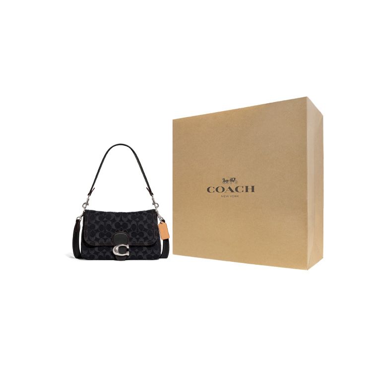 Coach Мягкая полосатая 26 Классическая Monogram Ткань Застежка-клапан Сумка на плечо Женская сумка на плечо Черная CG094-LHDRJ